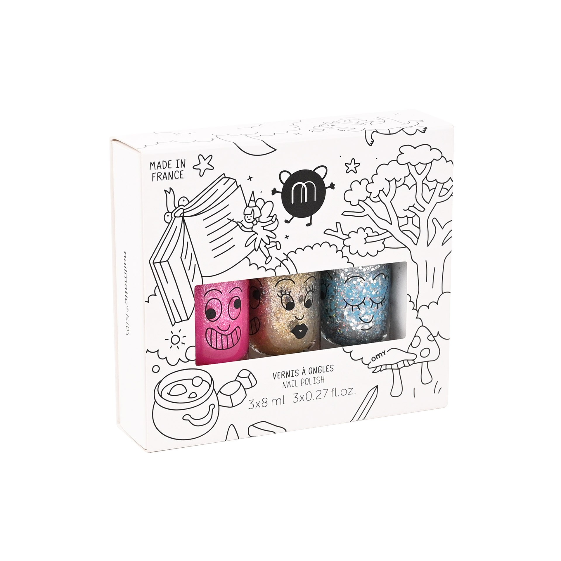 Coffret de 3 vernis enfant Féérique Luna, Aurora et Pinky avec packaging